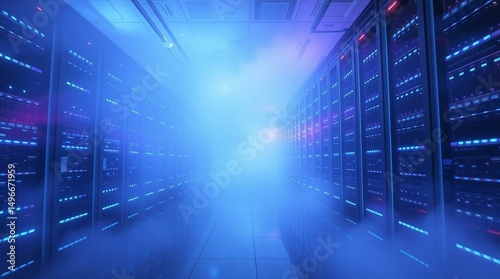 A modern data center room with rows of  server racks, soft blur effect, infrastructure system.