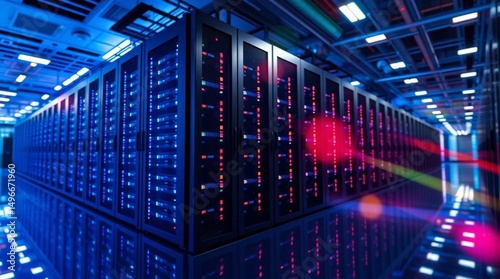 A modern data center room with rows of  server racks, soft blur effect, infrastructure system.