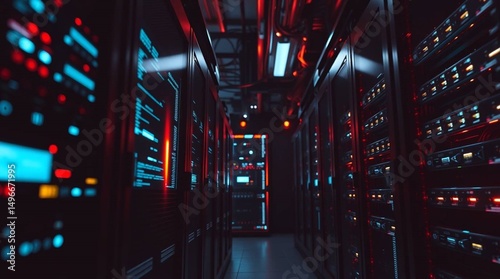A modern data center room with rows of  server racks, soft blur effect, infrastructure system.