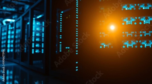 A modern data center room with rows of  server racks, soft blur effect, infrastructure system.