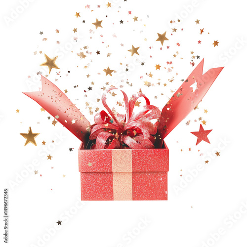 A open gift box with stars glitter on transparent background