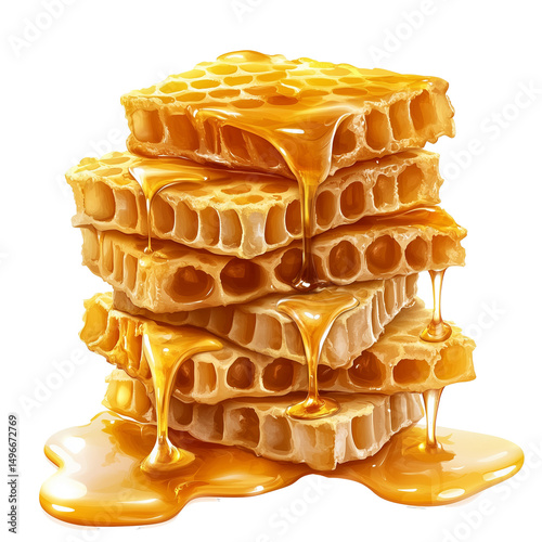 A stack of golden honeycomb pieces on transparent background