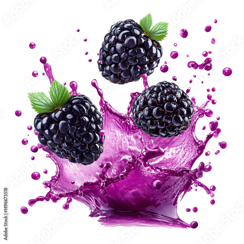 Blackberries with purple juice splash on transparent background