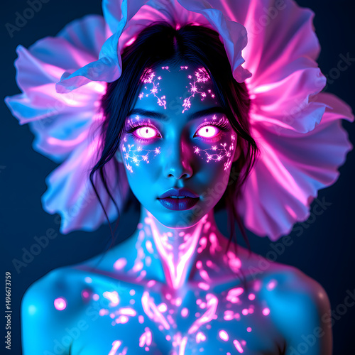 Neon Blossom: A mysterious and alluring woman is adorned with intricate neon-glowing floral patterns, a captivating blend of beauty and otherworldly wonder.