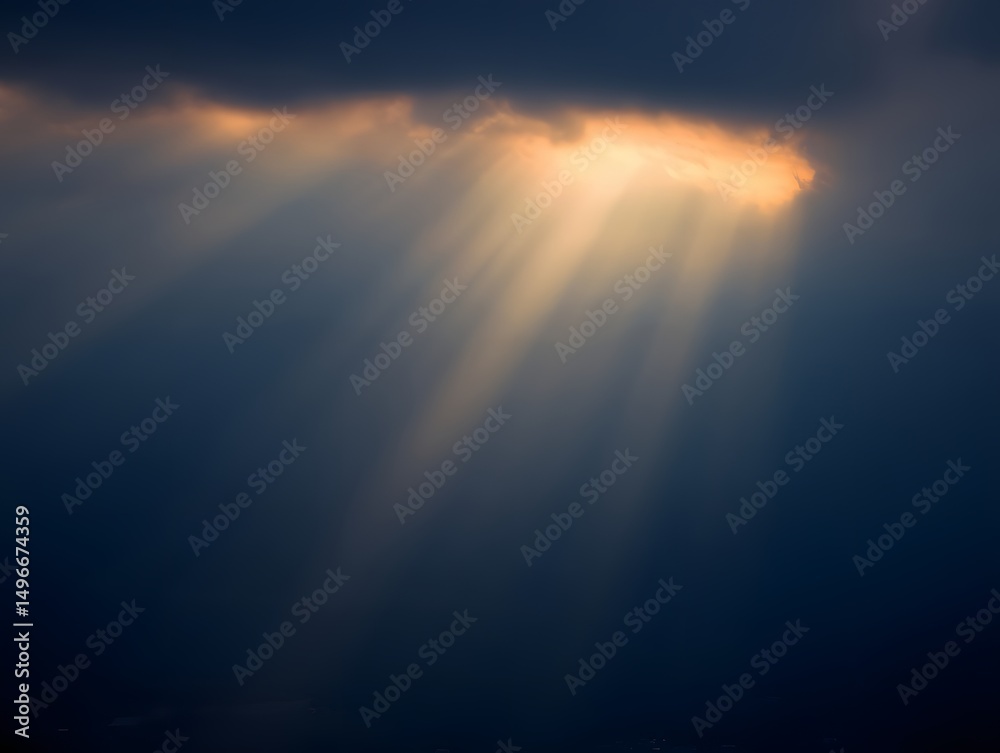 Fototapeta premium Sunbeams breaking through dark clouds, creating a dramatic and awe-inspiring scene