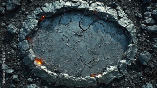 Cracked earth pit surrounded by stone. Faint glows emanate from the cracks