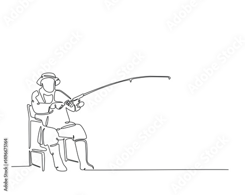 Continuous one line drawing of man fishing in the lake. Fisherman throws a hook in simple outline illustration. Editable line vector