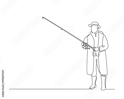 Continuous one line drawing of man fishing in the lake. Fisherman throws a hook in simple outline illustration. Editable line vector