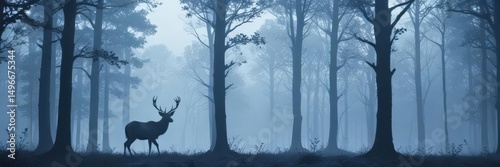 Misty forest silhouette of a majestic deer, blue toned trees ,  trees,  elegant