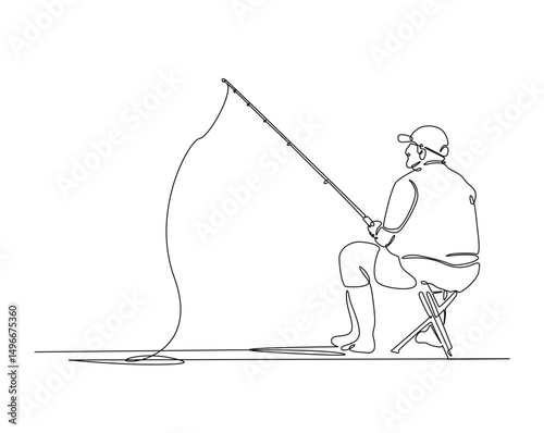 Continuous one line drawing of man fishing in the lake. Fisherman throws a hook in simple outline illustration. Editable line vector