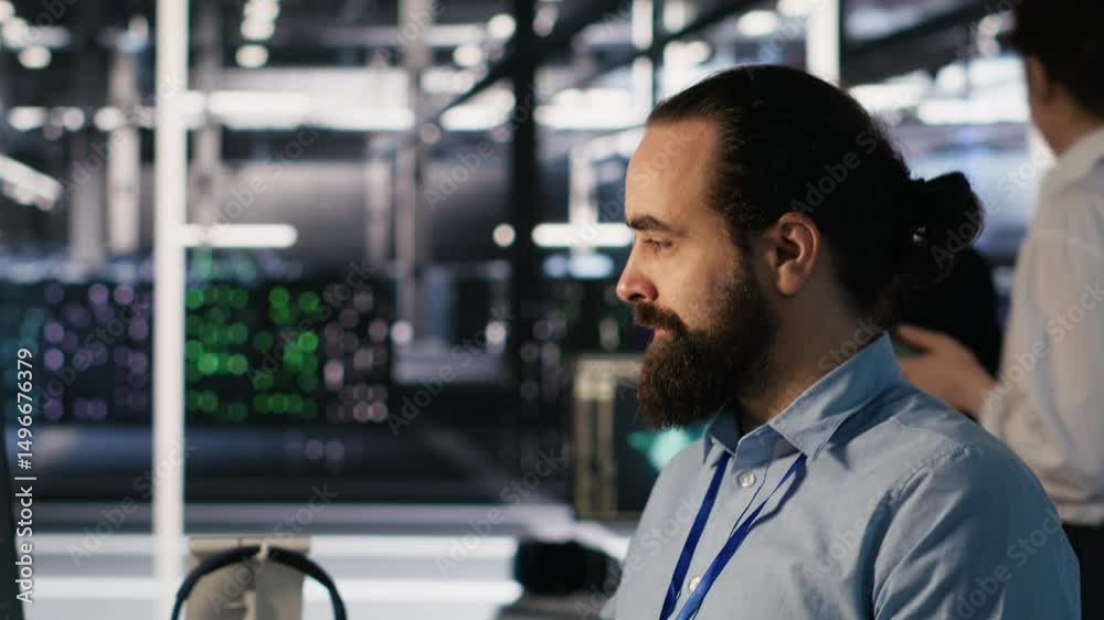 Smiling data center technician using PC to monitor neural network AI ...