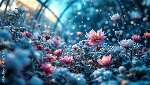 A futuristic garden with bioluminescent plants growing upside-down from the sky, a person meditating at the center, neon and nature fusion