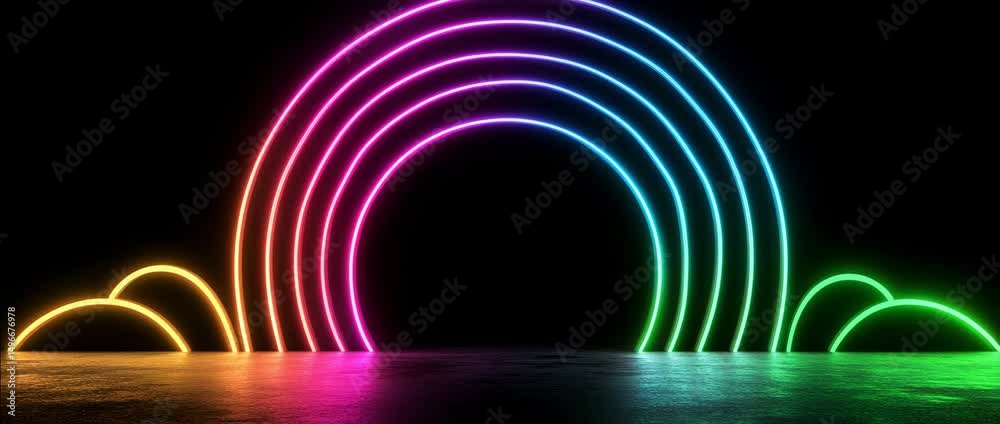Retro synth wave neon rainbow arc animation background, glowing neon rainbow arc in futuristic neon rainbow arc space, abstract neon rainbow arc loop for design