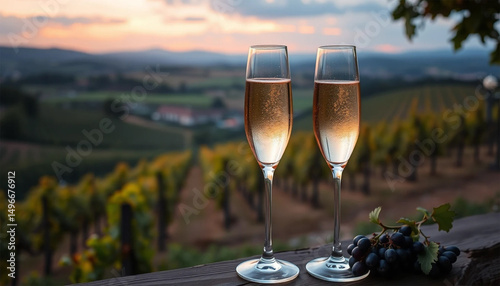 Champagne Toast in Vineyard: A romantic and elegant moment captured at sunset, as two champagne flutes stand gracefully on a wooden railing overlooking rolling vineyards. The golden hues of the sky.
