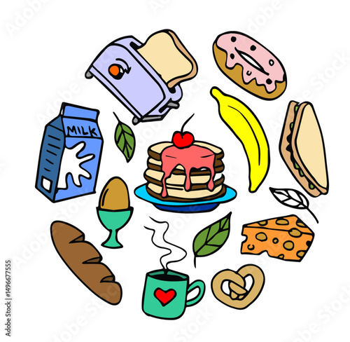  Food ingredient doodle set. Fruits, vegetables, sweets, bakery, fast food in sketch style. Hand drawn vector illustration isolated on white background