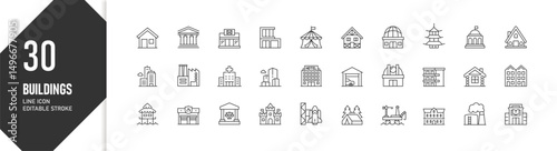 30 buildings in various architectural styles, editable line icon set for UI design, icon collection