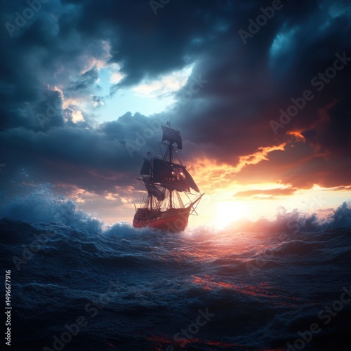 Ship sailing stormy ocean at sunset