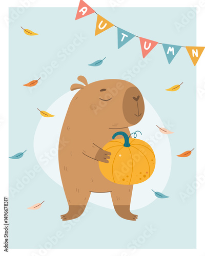 Autumn greeting card with capybara holding pumpkin