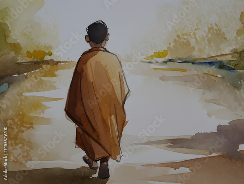A lone figure, a spiritual journey depicted in soft watercolor, walks along a serene path, absorbed in contemplation.