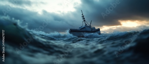 Fishing boat navigates rough ocean
