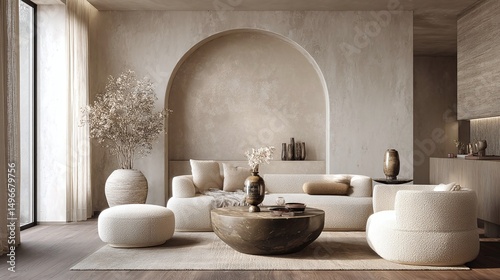 Modern minimalist living room featuring neutral tones, stylish furniture, and elegant decor elements