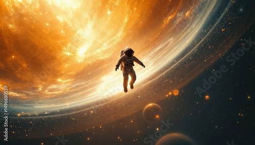 A lone astronaut floating upside-down above a massive glowing planet, stars forming spiral patterns around them, soft surreal light