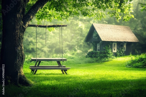 idyllic garden home with swing and picnic table on green grass