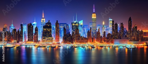 Captivating nightscape of Manhattan skyline reflecting in the tranquil water