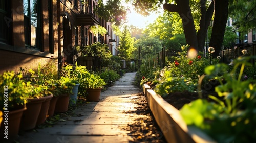 Sunlit garden pathway lined with vibrant flowers and greenery, creating a serene atmosphere in an urban setting