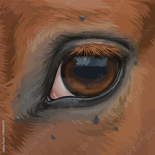 Close-up Animal Eye with Ticks on Fur Disease Vector Illustration