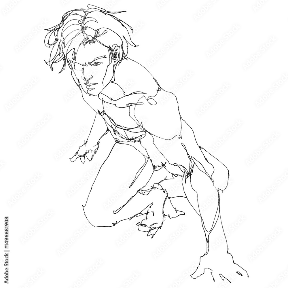 Fototapeta premium contour drawing for graphic design, pencil sketches of muscular male figures in dynamic action poses, draw from imagination,