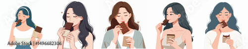 set of vector women eating chocolate