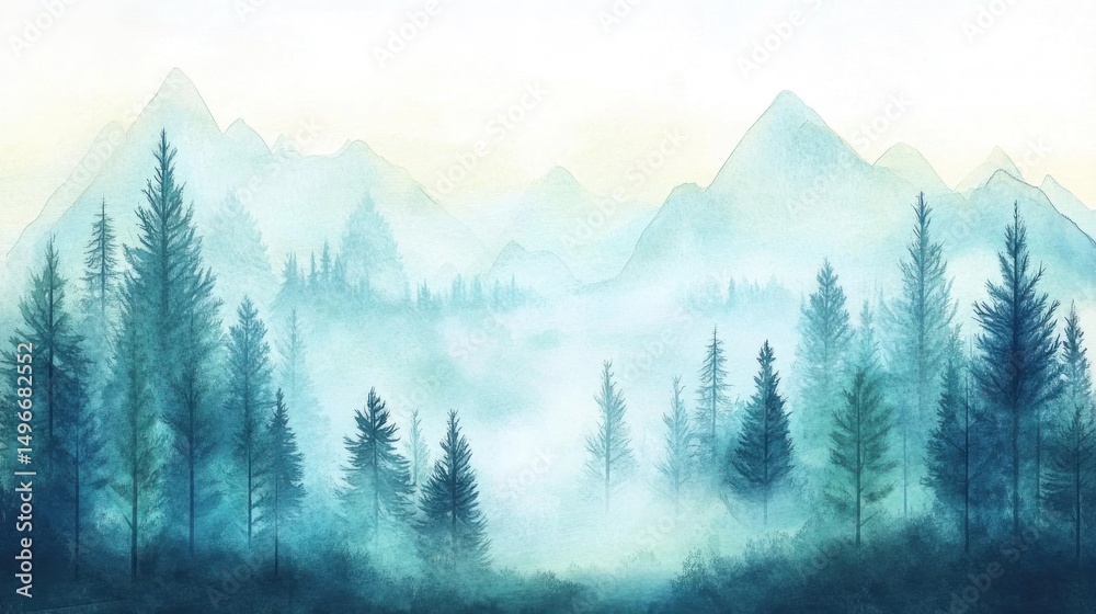 Fototapeta premium Misty Mountain Watercolor Landscape: Serene Forest Scene