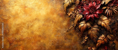 Floral arrangement, with gold-tone leaves and single red flower, on a textured, golden background