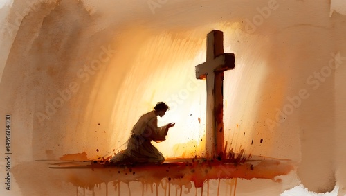 Man kneeling in prayer before a cross at sunset. The image evokes a sense of peace, faith, and devotion. 