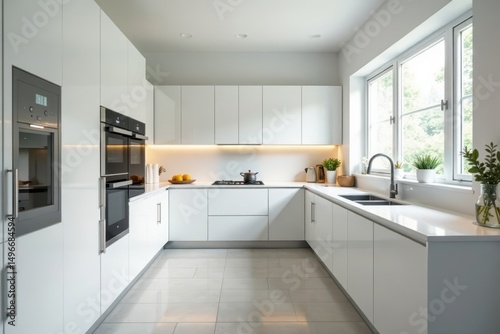 Sleek white cabinetry, quartz counters, modern appliances, estate home, white