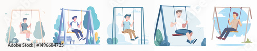vector group of men playing on swings