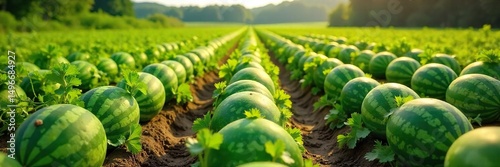 Endless rows of ripe watermelons bask in the summer sun, ready for harvest  Lush green vines crawl across the fertile ground, a vibrant display of agricultural abundance ,  nature,  juicy