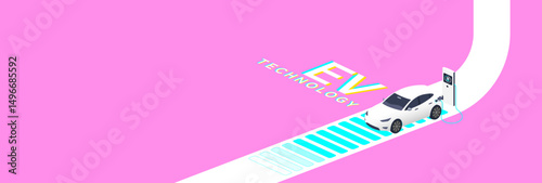 EV Technology concept featuring a white electric vehicle charging at a station on a pink background, symbolizing innovation, clean energy, and futuristic design.
