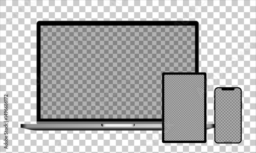 Device screens mockup. Laptop , tablet and smartphone with transparent screens for you design. Realistic vector illustration.