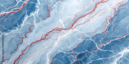 Similar blue marble with vibrant red veining but different pattern formation. The veins create more dramatic diagonal patterns across the surface
