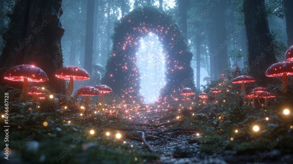 Fototapeta premium mystical forest clearing with glowing mushrooms, fireflies, and a magical portal shimmering in the center, Generative AI