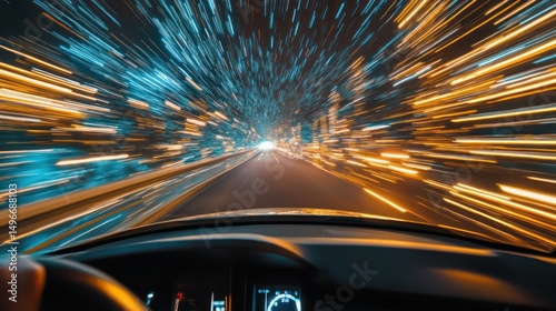 Futuristic Speed: Capturing the dynamism of a car journey through a tunnel of lights