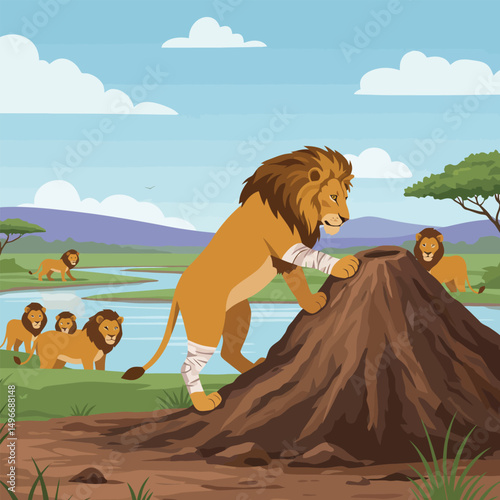 Injured Lion Climbing Hill Cartoon with Pride Near Water
