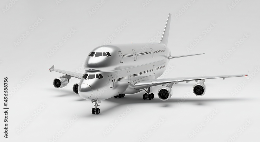 Fototapeta premium 輝く金属製旅客機模型 静かに佇む未来型航空機. AI Generated