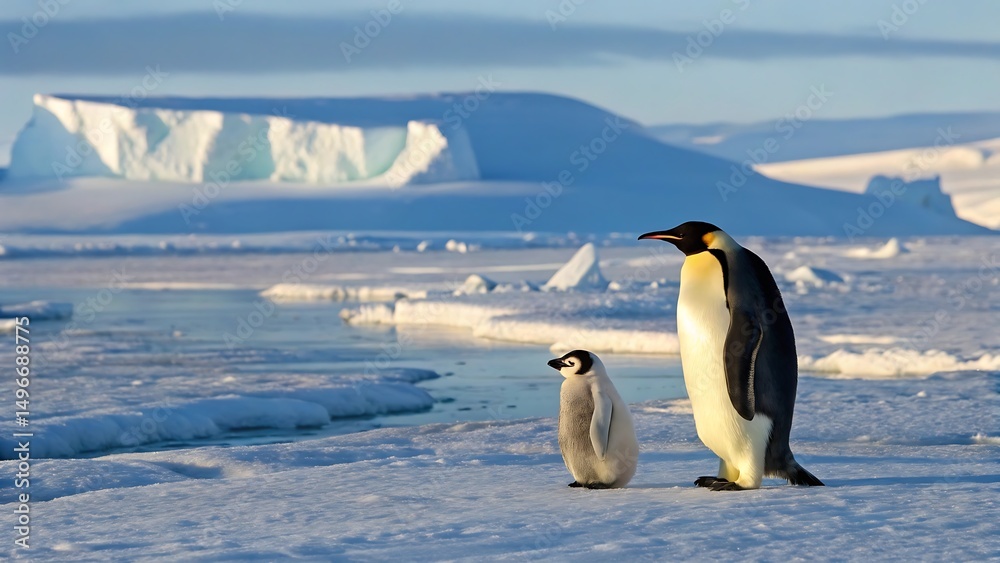 Obraz premium Penguin Parent and Chick Against the Icy Antarctic Splendor