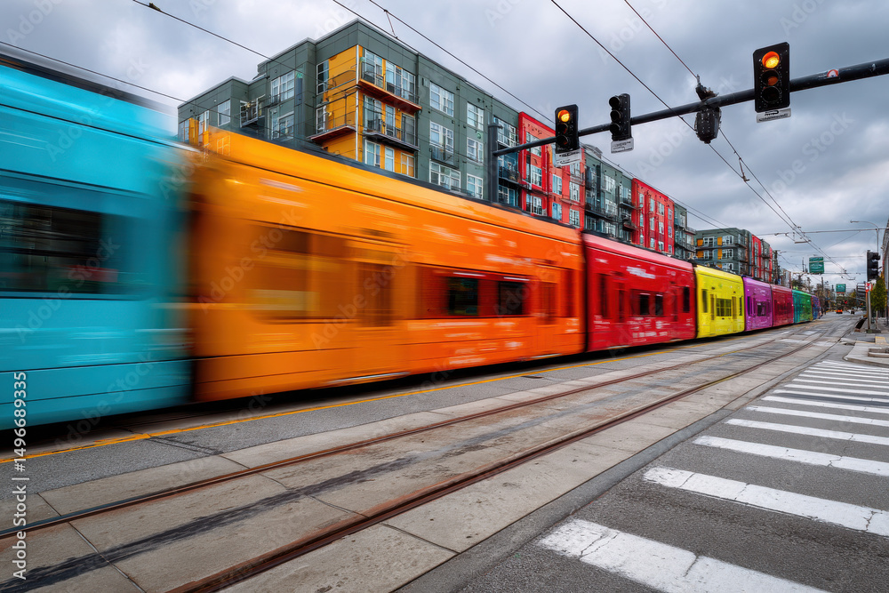 Fototapeta premium colorful train cars speeding through an intersection