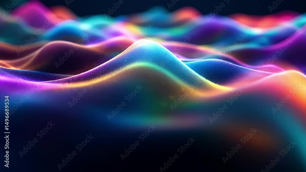 Colorful triangular light waves moving in slow motion across a dark background creating a calm and surreal atmosphere