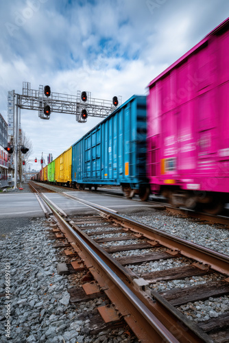 colorful train cars speeding through an intersection