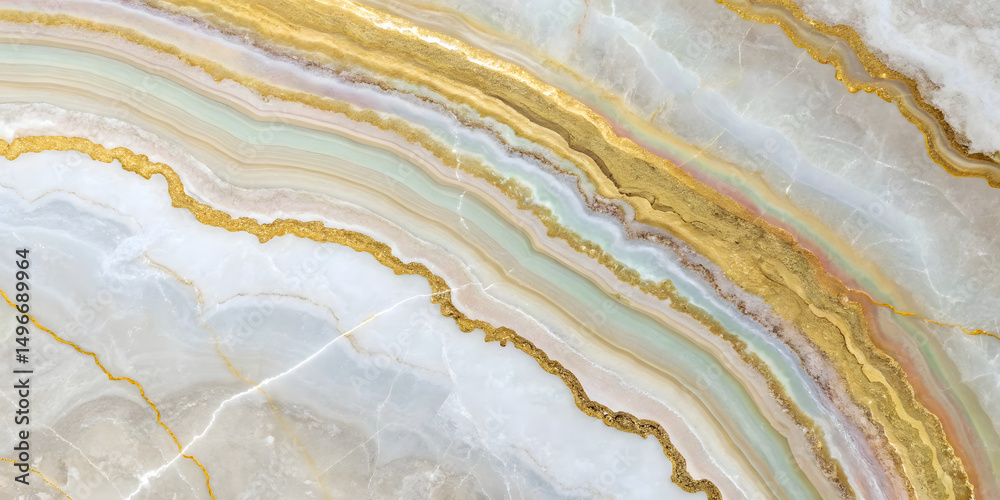 Fototapeta premium Delicate agate texture featuring cream, soft green, and pale pink bands with golden edges, creating subtle flowing layers in natural stone style